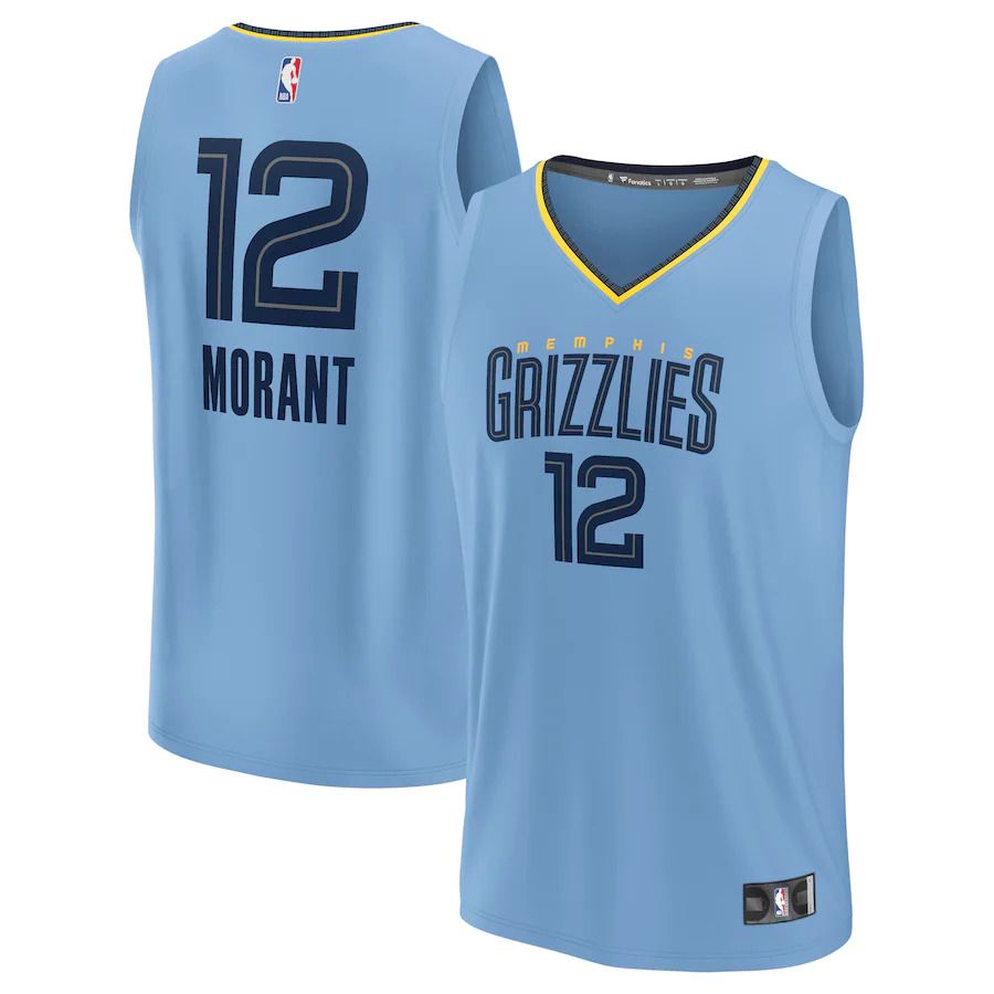 Men Memphis Grizzlies #12 Ja Morant Fanatics Branded Light Blue Statement Edition 2022-23 Fast Break Replica Player NBA Jersey